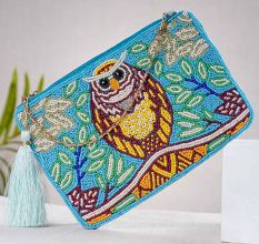Owl Beaded Blue Cotton Luxury Sling Bag For Women 